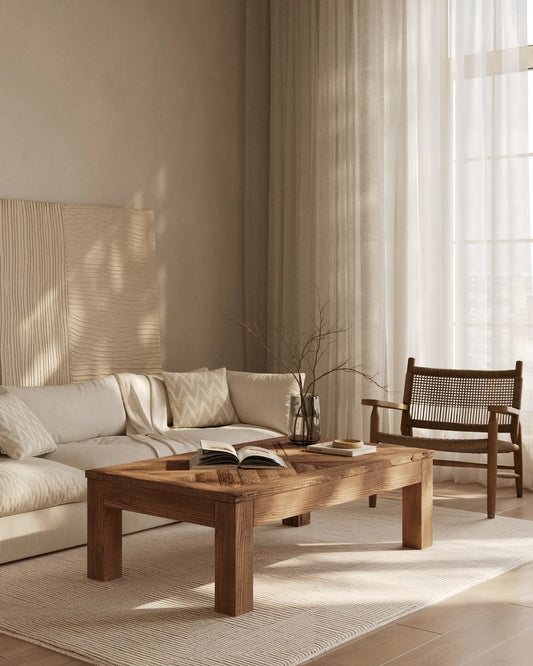 Sage - prostokątny stolik kawowy z drewna sosnowego z recyklingu